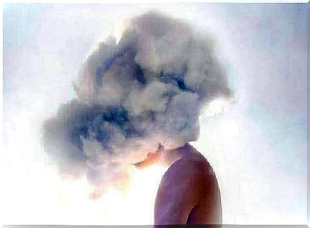 Woman with clouds on her head depicting initial symptoms of anxiety