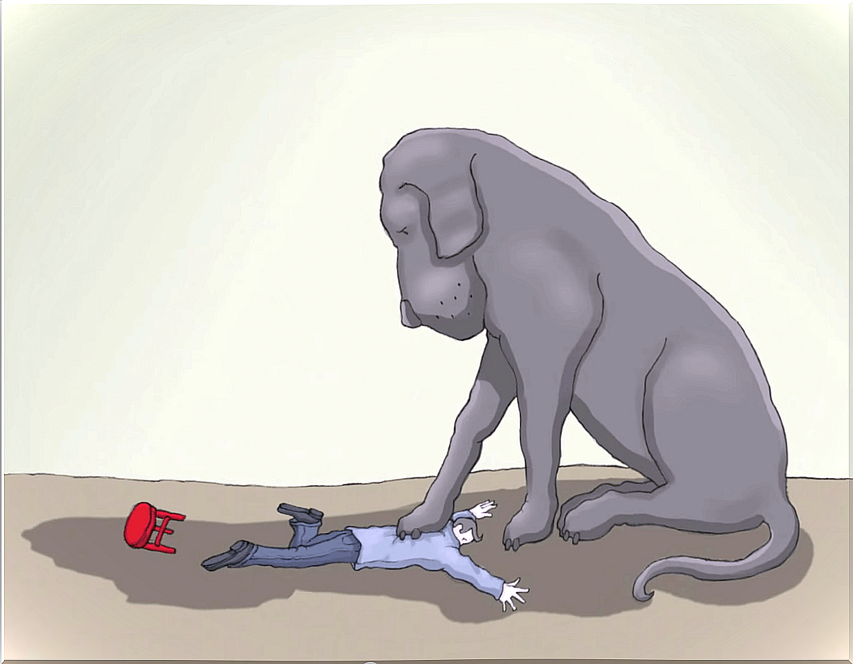 Black dog stepping on a man