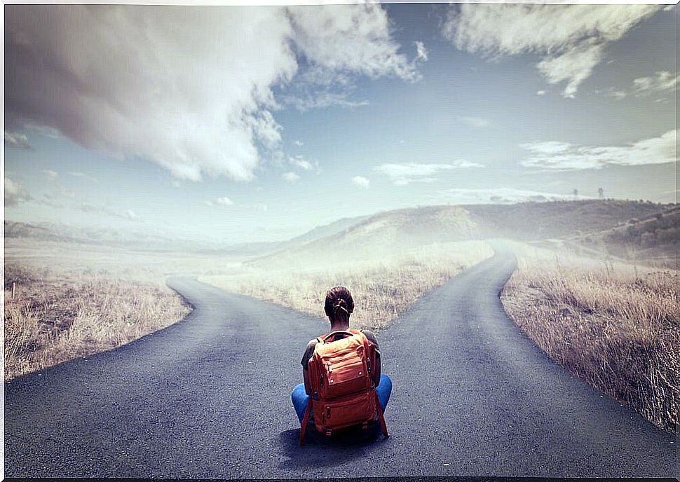 Woman with backpack represented that our decisions define who we are