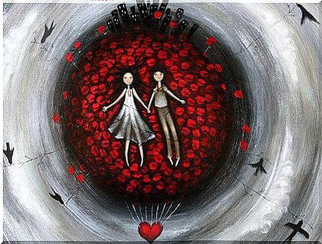 Couple surrounded by hearts and united by the legend of the red thread