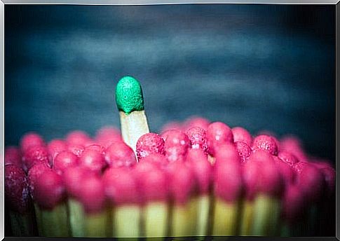 Green match sticking out of a group of red matches as an example of social power