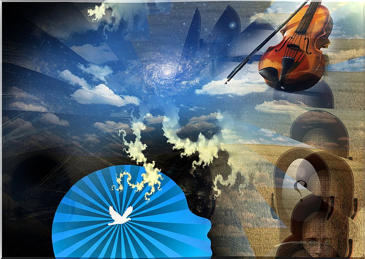 Painting of a mind, the sky and a violin